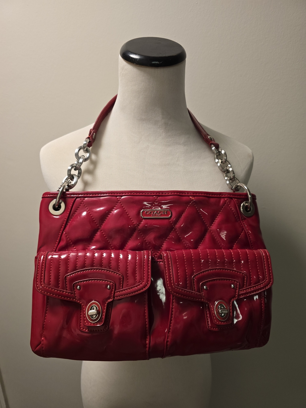 Coach Glossy Red Quilted Patent Shoulder Bag with Silver Chain Handles
